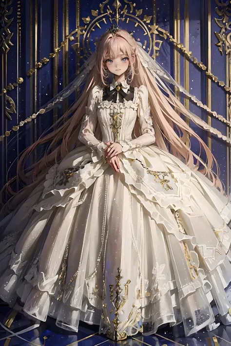 (top quality,4K,high definition,masterpiece:1.2),is very well detailed,realistic:1.37,,、((pink dress)), ultra-realistic photo of a girl in a stately light pink and gold ballroom dress, Big beautiful dress, full of ruffles and rhinestones、intricate and vol...