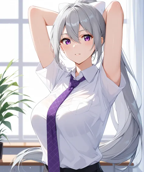 1woman,best quality,ultra-detailed,high resolution,extremely detailed CG,unity 8k wallpaper,score_9, score_8_up, score_7_up, source_anime,hk1, purple eyes, grey hair, hair between eyes, long hair, ponytail, bow, white bow、 shirt, white shirt, necktie, purp...
