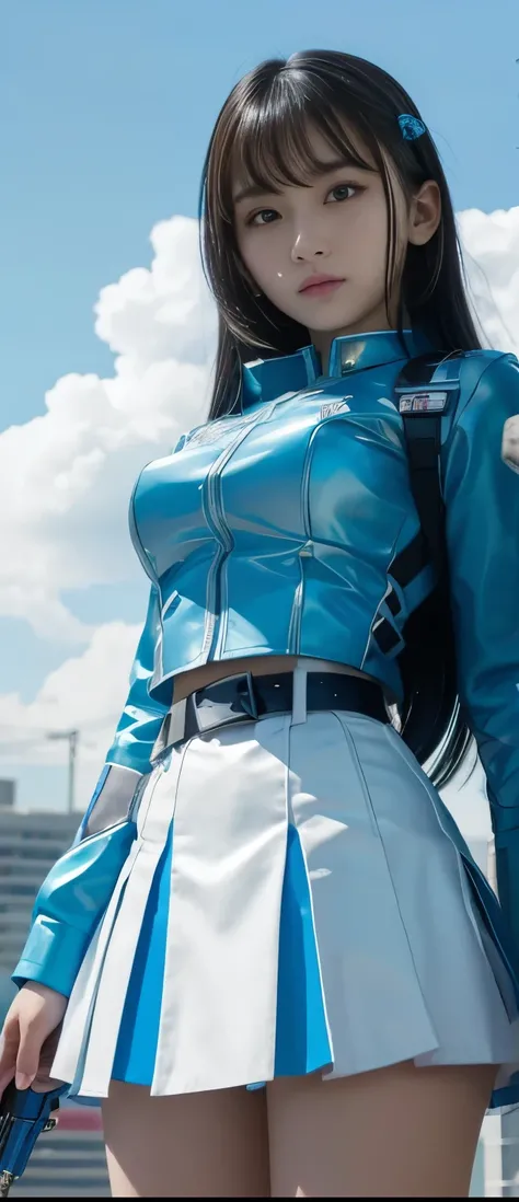 pure cyberpunk idol girl、A pure girl's face、 hypo、white and sky blue miniskirt uniform、Cloud Belt、Glowing Sky Sword