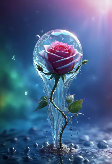 macro photo, sparkling magical fantasy glass frozen Water glow Rose senoz font name in rainbow colour glowing in background dewdrop, very detailed, amazing quality, intricate, cinematic light, highly detail, beautiful, surreal, dramatic, galaxy fantasy col...