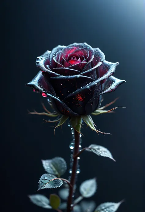 macro photo, sparkling magical fantasy glass black colour glow Rose dewdrop, very detailed, amazing quality, intricate, cinematic light, highly detail, beautiful, surreal, dramatic, galaxy fantasy colors,
