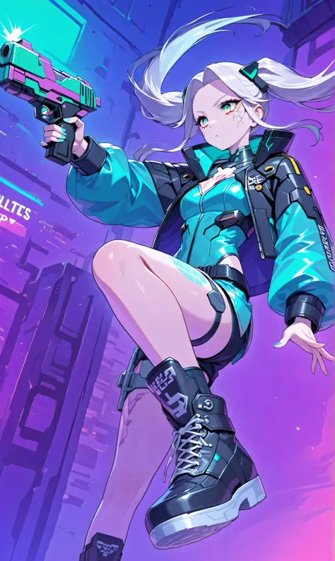 ((big、bullets envelop her. ))、girl with jet black twin tails tied with ribbons, wearing a teal colored china dress with silver decorations, Grab a pistol, Her opponent's bullets surround her with slow movements, Floating in a neon-lit cyberpunk back alley....