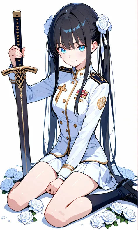 (watercolor:0.4)、( pastel :0.6)、 1 dead girl 、Long black hair in twin tails、attaching a ribbon to a pale white highlight、knight in military uniform scattered with white roses、blue eyes。expression sitting on the ground and putting his sword aside、tryi...
