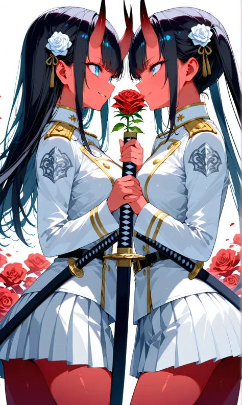masterpiece, absurd dress, very beautiful, Engraved, (watercolor: 0.4), ( pastel : 0.6), Two Girls Kissing, left side: Short Man, long black twins have pale white accents on their tails、An 18-year-old girl with twin tails, the knight who loosened his white...