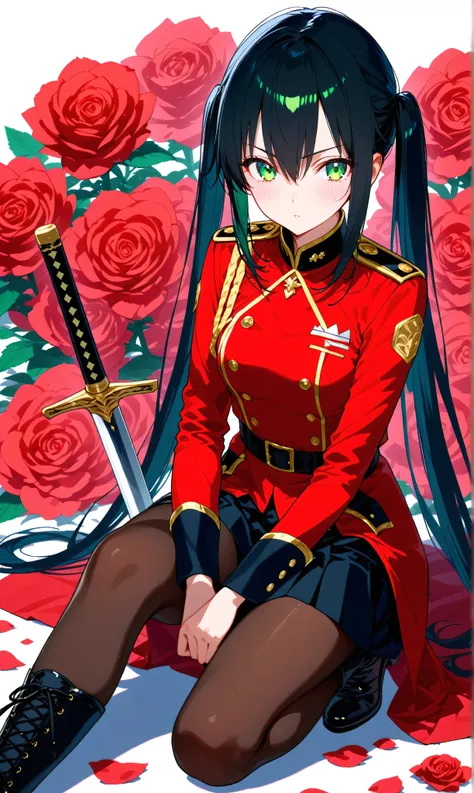 (watercolor:0.4)、( pastel :0.6)、 1 girl 、Attach a bow to the twin tail of long black hair with a faint red accent、A knight in a red rose military uniform、 green eyes。Sit on the ground in a relaxed position with his sword on his side、Take a deep breath。re...