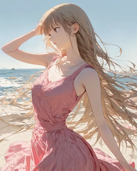Salute in the eye、profile:1.3、((Girl looking out at the ocean:1.3))、open your eyes、Clear skies、masterpiece, anatomically correct, accurate, 多数の賞を受賞, highest quality, Details, High details, (((pink dress)))、(masterpiece, top quality, very beautiful、complica...