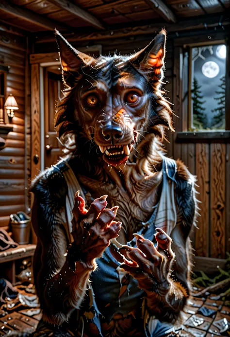 Skin, human, Werewolf transformation, morfing,  human, [werewolf: human:0.7], [arms: paws:0.7], fangs:0.8, female, [red human skin: fur: 0.5], [human face: snout:0.5], wolf nose, detailed fur, gradual fur, spread, shaking:1.1, crying, sweating, drooling:1....