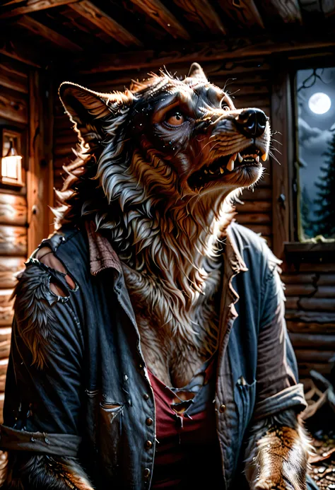 Skin, human, Werewolf transformation, morfing,  human, [werewolf: human:0.7], [arms: paws:0.7], fangs:0.8, female, [red human skin: fur: 0.5], [human face: snout:0.5], wolf nose, detailed fur, gradual fur, spread, shaking:1.1, crying, sweating, drooling:1....