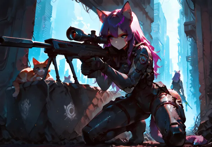 ((masterpiece)), ((best quality)), hi-res, illustration, a girl, long hair, violet hair, blue eyes, animal ears, cat features, tail, body skin, hairy, hiding in the shadows, aiming a futuristic sniper rifle, her body slightly crouched, eyes locked on the t...