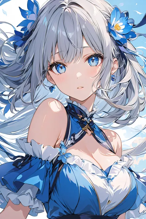((anime:1.2)) (top quality, 8k, 32K, masterpiece, Ultra High Definition:1.2)、  girl、The hair is gray hair with highlights that are mixed with blue and white、