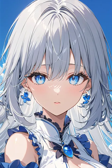 ((anime:1.2)) (top quality, 8k, 32K, masterpiece, Ultra High Definition:1.2)、  girl、The hair is gray hair with highlights that are mixed with blue and white、