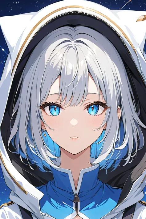 ((anime:1.2)) (top quality, 8k, 32K, masterpiece, Ultra High Definition:1.2)、  girl、The hair is gray hair with highlights that are mixed with blue and white、