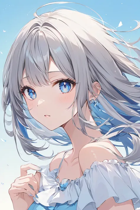   girl、Gray hair with highlights mixed in with blue and white、