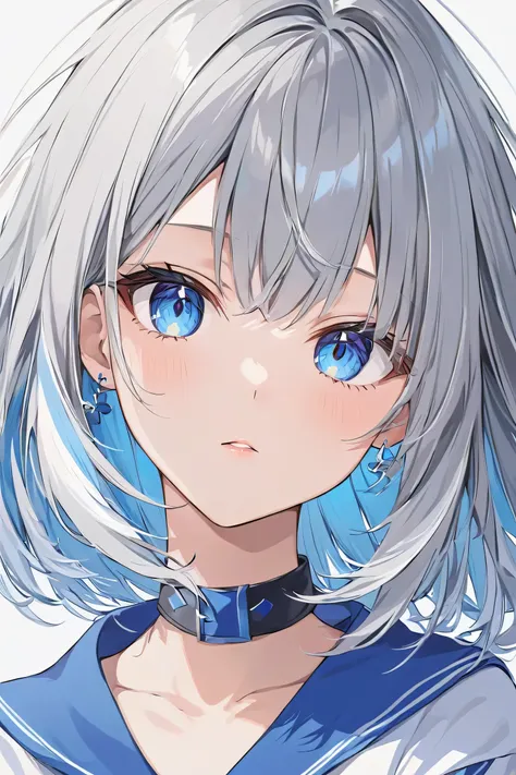   girl、Gray hair with highlights mixed in with blue and white、