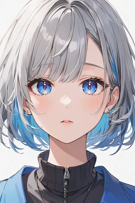   girl、Gray hair with highlights mixed in with blue and white、