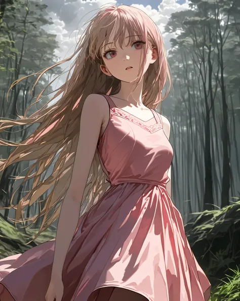 A girl whose eyes light up like in a horror movie, Facing Front, in the woods, open your eyes, ((Cloudy:1.3)), masterpiece, anatomically correct, accurate, 多数の賞を受賞, highest quality, Details, High details, (((pink dress))), (masterpiece, top quality, very...