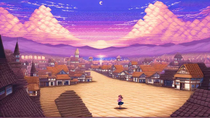 Moon floating in a beautiful sky、Girl looking up、noon、town、There is only one moon、Nice atmosphere、is young、Pixel art