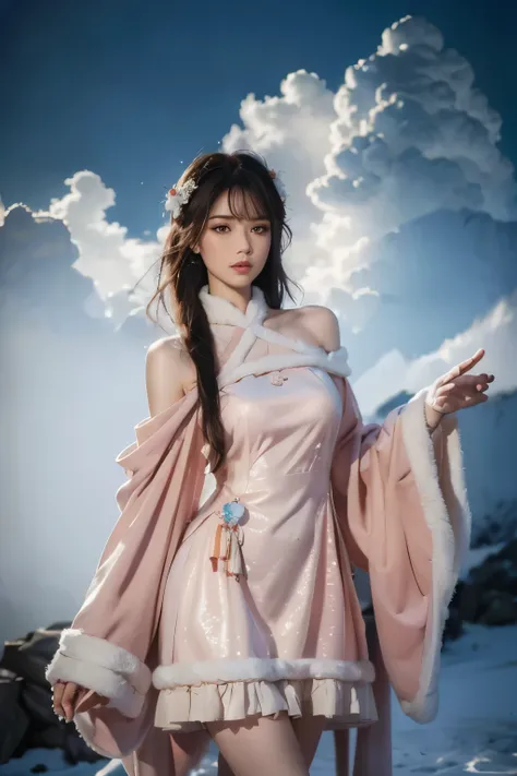 cns attire, cyb dress, chinese clothes, long sleeves, wide sleeves, ((cowboy shot)), ((Bare shoulder)), ((Short hemlines, sexy long legs)), realistic detailed photo of a giant breasted girl with exposed shoulders, detailed fingers, high quality skin, red e...