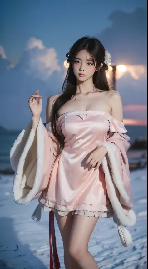 cns attire, cyb dress, chinese clothes, long sleeves, wide sleeves, ((cowboy shot)), ((Bare shoulder)), ((Short hemlines, sexy long legs)), realistic detailed photo of a giant breasted girl with exposed shoulders, detailed fingers, high quality skin, red e...