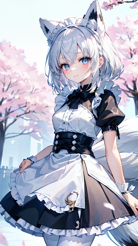 top quality、、(Whitening skin,)、 Silver Hair、light blue eyes,Petite、slender、(,Maid Outfit, frill,),cherry blossoms,smile, fox ears,Fox Tail,,toned body,