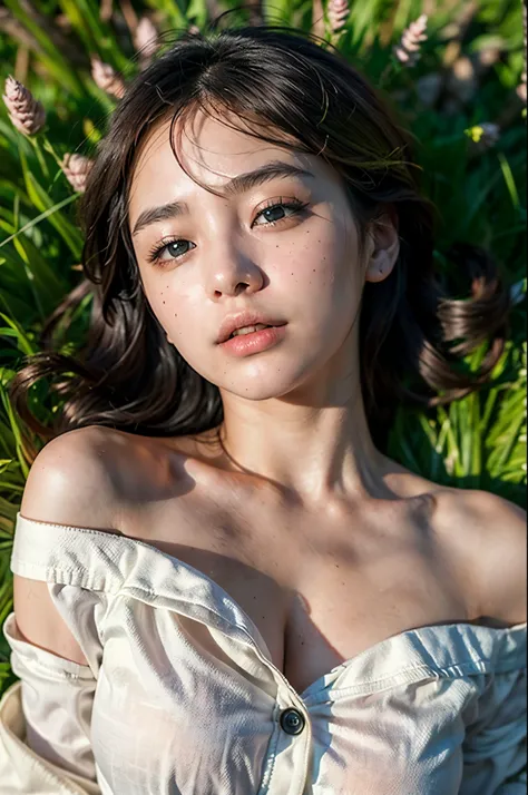 top-quality close-up portrait, movie poster style, ((Beautiful korean girl, wearing thin big sized button pajamas, oversized, longsleeve, cotton, bottomless):1.5), bewitching face, ((idols likeness):1.4), ((beautiful detailed eyes, round big eyes, beautifu...
