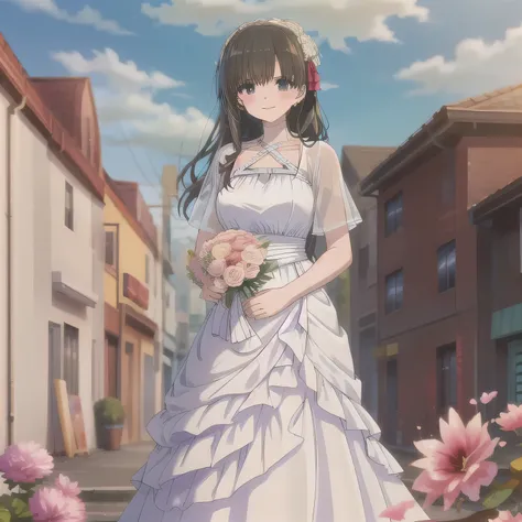 A breathtakingly beautiful 20-year-old woman stands in the courtyard of a luxurious mansion beneath a clear blue sky. She wears a white and blue wedding dress, holding a red bouquet gracefully in front of her chest. Her radiant smile and joyful expression ...