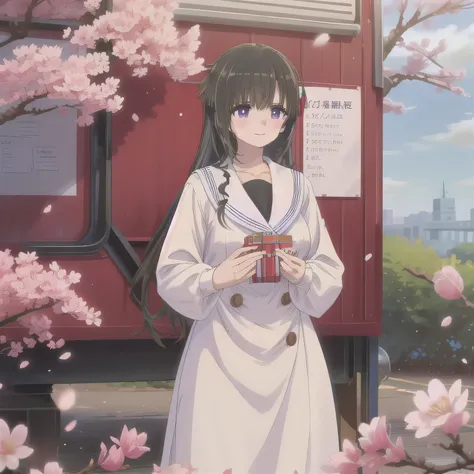 A breathtakingly beautiful 20-year-old woman stands in a lush park filled with cherry blossoms in full bloom beneath a clear blue sky. She wears a classic sailor uniform and gently holds a small, neatly wrapped gift box adorned with a red ribbon. Her radia...