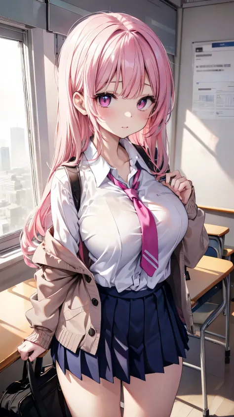 top quality、、(Whitening skin,)、Pink hair、 pink eyes,Petite,huge breasts,Baby Face、(,school uniform,shirt,tie,pleated skirt,Cardigan,),,,,,toned body,