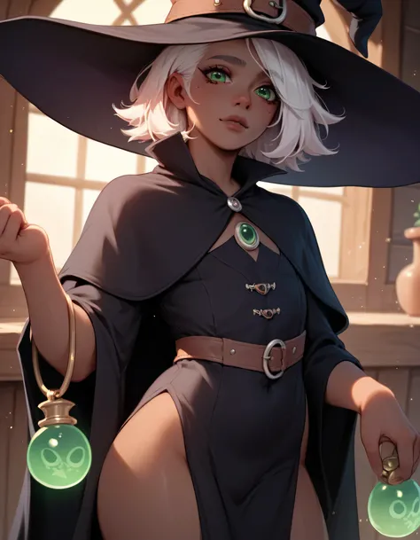 Solo, femboy, dark-skinned, white hair, green eyes, sexy witch, sexy witch clothes, witch hat, fantasy dark occultist house, holding Human scull, holding dark magick bock