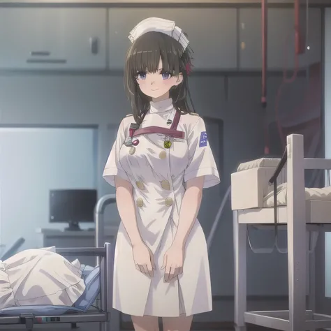 A breathtakingly beautiful 20-year-old woman stands in a warmly lit hospital room, dressed in a white mini-skirt nurse uniform with a matching cap. Her shy smile adds a touch of charm, while the surrounding medical equipment and furnishings create an authe...