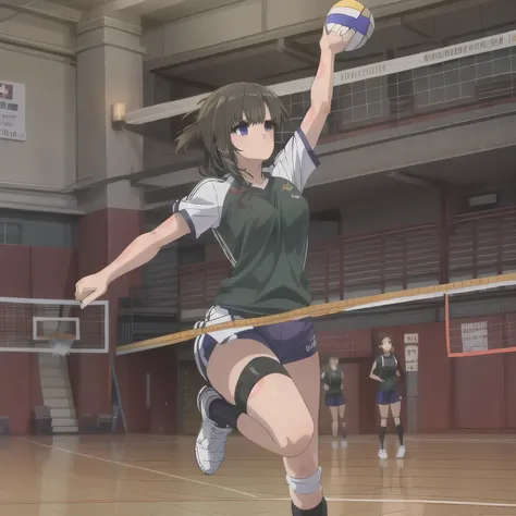 A breathtakingly beautiful 20-year-old woman soars into the air on a volleyball court inside a brightly lit gymnasium, preparing to spike the ball with precision and power. Her athletic form is accentuated by a sleek, form-fitting uniform, and her intense ...
