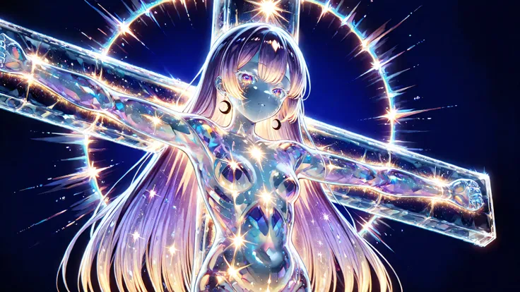 1 girl, masterpiece, high resolution, top quality, Textured skin, about 20 years old, Boyish, (crucifixion), plump skin, glowing skin, only one, white and purple gradation hair, white eyelashes, small breasts, painful expression, crescent earring, Anime St...