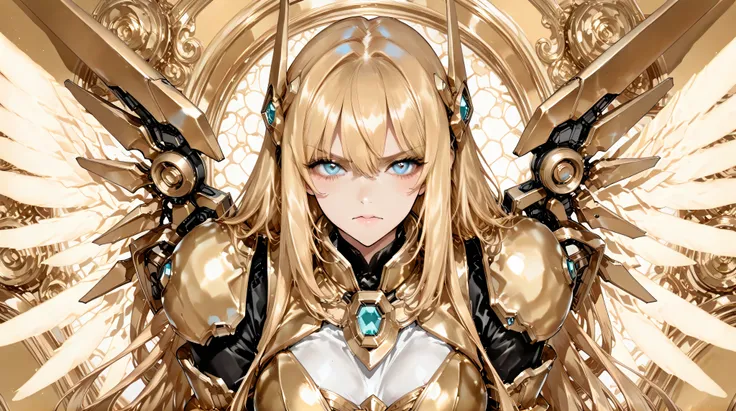 (best quality, masterpiece:1.4), high resolution, extremely details 8K unity CG wallpaper, (anime style, 2D illustration:1.3), BREAK girl, mecha girl, gundum impact, angel style, energy wings, huge mecha sword, golden and white theme armor, beauty backgrou...