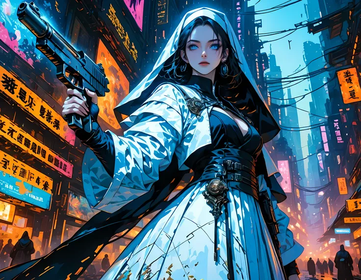 a picture of a sexy cyberpunk nun holding a blazing (cyberpunk gun: 1.2), epic beautiful human woman (best details, Masterpiece, best quality), ultra detailed face (best details, Masterpiece, best quality), black hair, blue eyes, pale skin, cyberpunk whit...