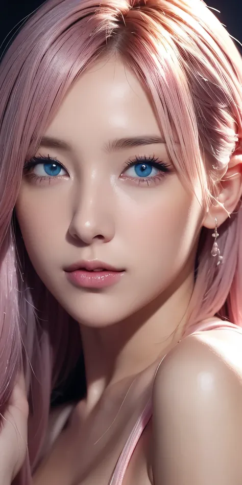 portraits , Practical, blue eyes, Pink Platinum Hair, Big Breasts, 4K resolution , High Quality CG, Beautiful CG, Soft light ,