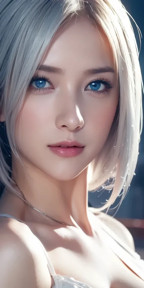 portraits , Practical, blue eyes, white platinum hair, Big Breasts, 4K resolution , High Quality CG, Beautiful CG, Soft light ,