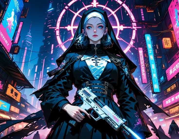 a picture of a sexy cyberpunk nun holding a blazing (cyberpunk gun: 1.2), epic beautiful human woman (best details, Masterpiece, best quality), ultra detailed face (best details, Masterpiece, best quality), black hair, blue eyes, pale skin, cyberpunk whit...