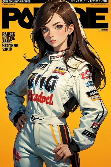 Racing magazine cover . Beautiful brunette girl . She is 30 years old .black eyes . She's wearing a racing suit . She won the .