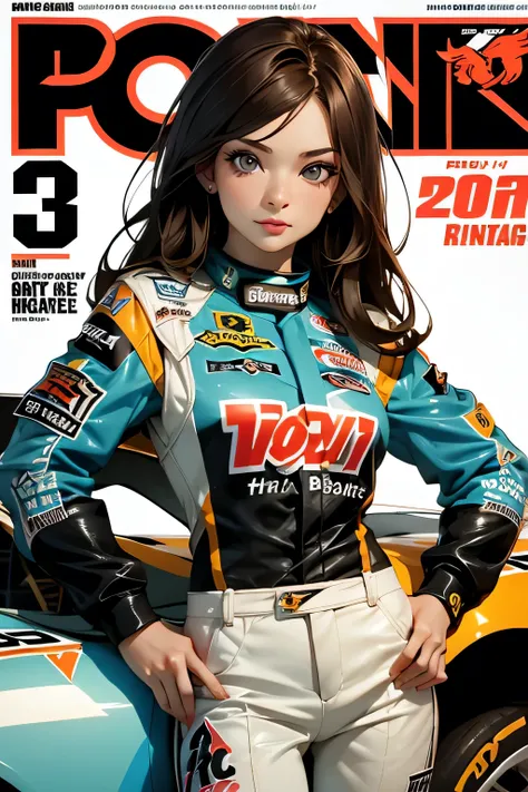 Racing magazine cover . Beautiful brunette girl . She is 30 years old .black eyes . She's wearing a racing suit . She won the .