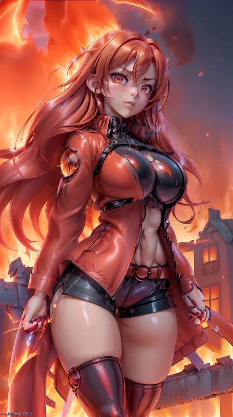 Ultra-realistic rendering, hyper-detailed, cinematic lighting, 8K resolution, photorealistic textures, vivid colors, professional artwork, source_anime. (((Shana from Shakugan no Shana, a fierce Flame Haze with long, flaming red hair glowing like embers, c...