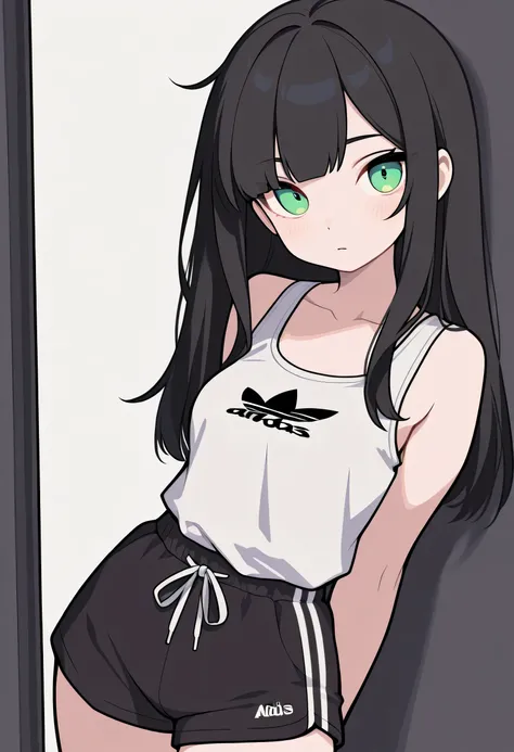 Female + black hair + green eyes + white tank top + black Adidas shorts + solo