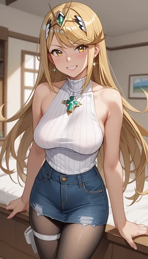 score_9, score_8_up, score_7_up,  source_anime、top quality、8k、 masterpiece、ultra high definition、 natural light、perfect anatomy、 perfect eye、beautiful eyes、One Woman、Medium breasts、((saggy breasts))、mythra, yellow eyes, swept bangs, very long hair, blonde ...