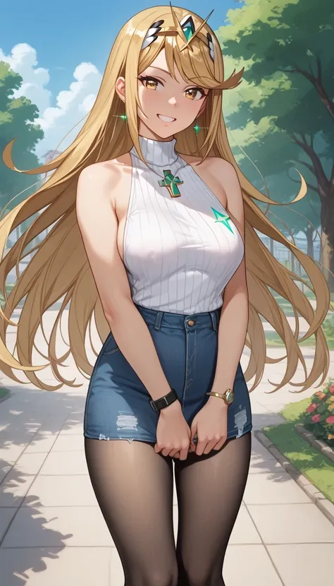 score_9, score_8_up, score_7_up,  source_anime、top quality、8k、 masterpiece、ultra high definition、 natural light、perfect anatomy、 perfect eye、beautiful eyes、One Woman、Medium breasts、((saggy breasts))、mythra, yellow eyes, swept bangs, very long hair, blonde ...