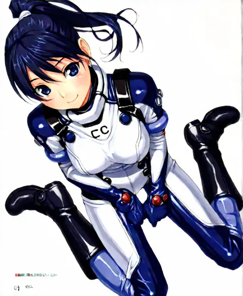 (​masterpiece、 top quality、 highest resolution 、 Clear Images 、 Detailed Images、 The angle is from above ): ( one Japanese woman 、 High Ponytail、  Friendly Smiles。 dark blue hair  、 Sparkling blue eyes 、(  white and navy blue pilot suit （Enamel Finish ）、wh...