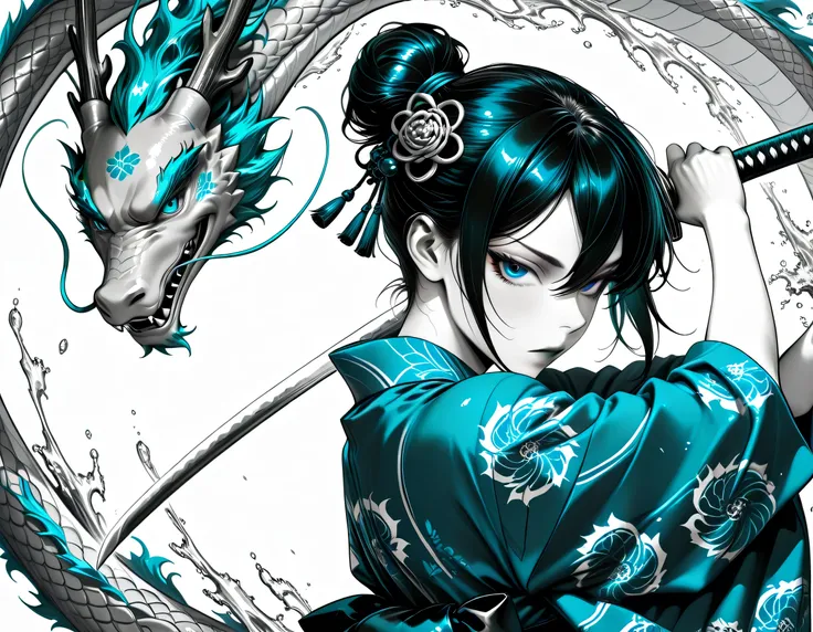 1girl, female samurai,Colored eyelashes, blue eyes, side view,Holding a katana, dynamic pose,Water dragon background,(intricate detailed background),upper body, looking at viewer, short hair,hair between eyes, tsurime,Hair in a bun , single Bun, hair fulle...