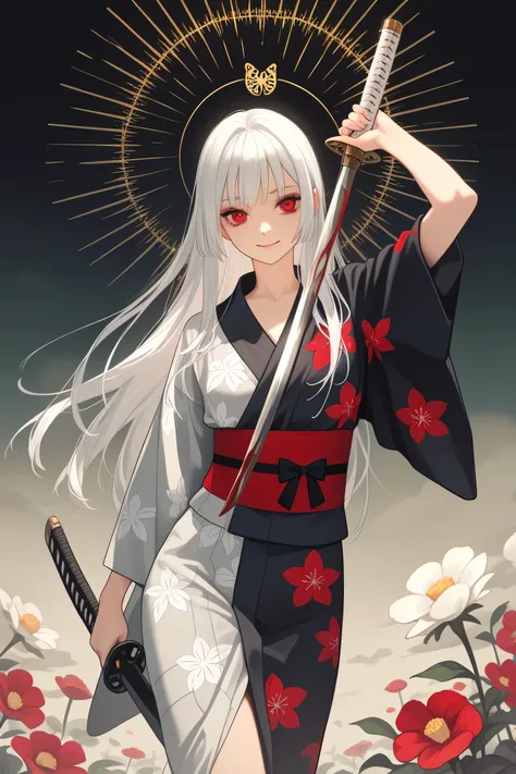 White hair, blood red eyes, long white hair, female, height 152, age 24,calm, doesn't smile, holds a katana, wears a black yukata with a peach flower pattern.