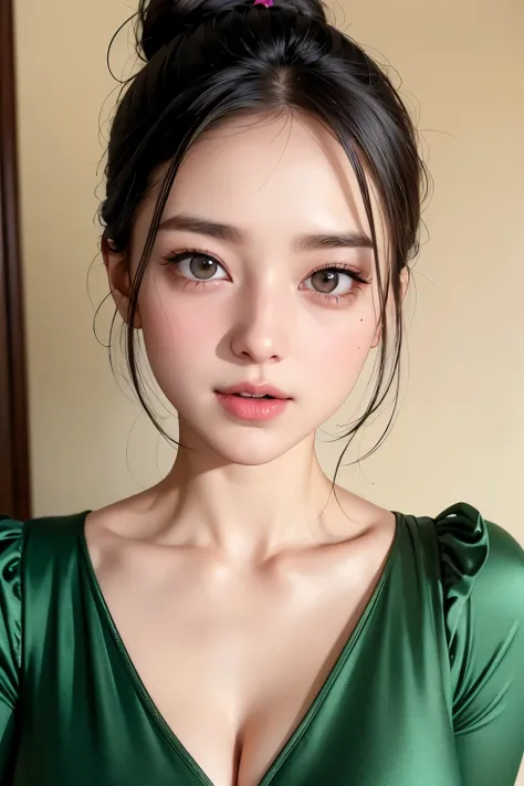 Amazing portrait of a sexy woman with a beautiful face with lustful hazel eyes gazing seductively and parted pink lips smiling as she blushes deeply with her black hair in a bun wearing a green satin shirt that is partially unbuttoned and falling off her s...