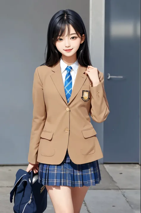 masterpiece, best quality, absurdres, perfect anatomy, 1girl, solo, high school student ,black hair, school uniform, camel blazer,buttoned blazer, blue striped tie, blue checkered plaid skirt, thigh, walking , closed mouth,from front, glossy lips , smile,...