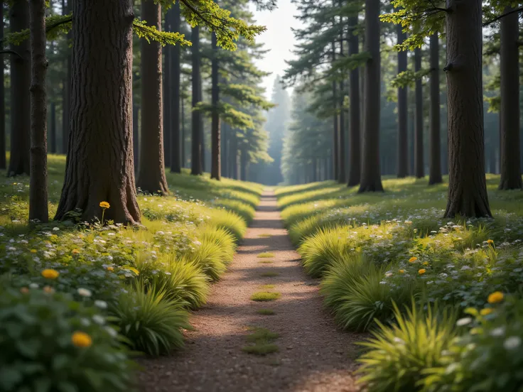  (masterpiece), best quality,  realistic, highly detailed, shallow depth of field, sharp focus, hyperrealism, cinematic lighting, photorealistic style, 8k solution, show a forest path , with tall trees along the path, and forest floor covered with green gr...