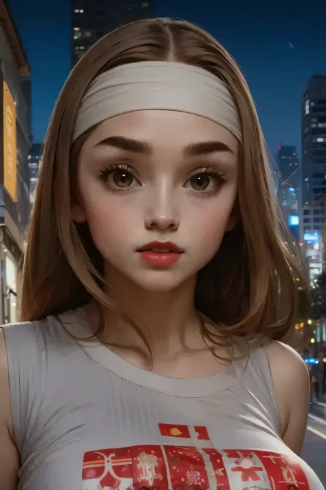 night sky, city street, perfect face, straight hair, lightest brown hair, white headband, black eyebrows, thick eyebrows, black eyeliners, big eyes, light brown eyes, bright red lips, thick lips, beautiful woman, white tank top